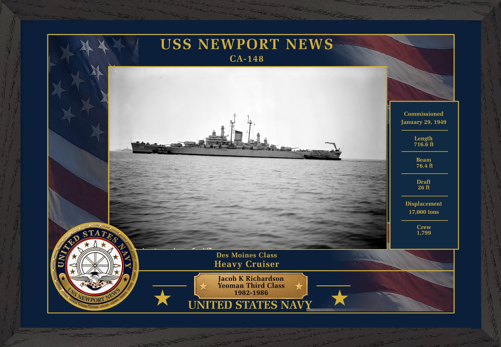 USS Newport News CA-148 Framed Patriotic Photo