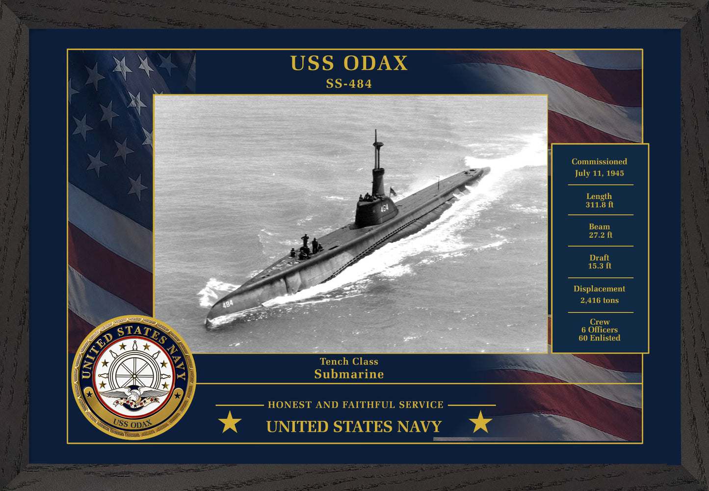 USS Odax SS-484 Framed Patriotic Photo