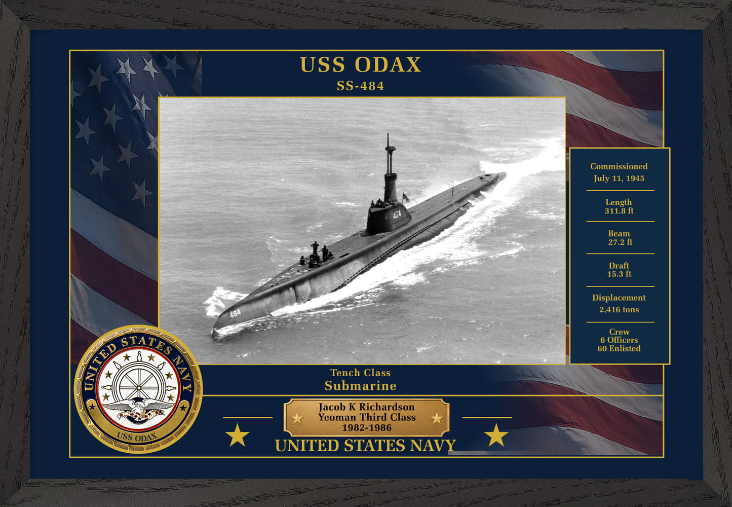 USS Odax SS-484 Framed Patriotic Photo