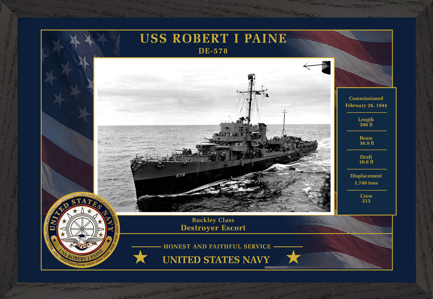 USS Robert I Paine DE-578 Framed Patriotic Photo