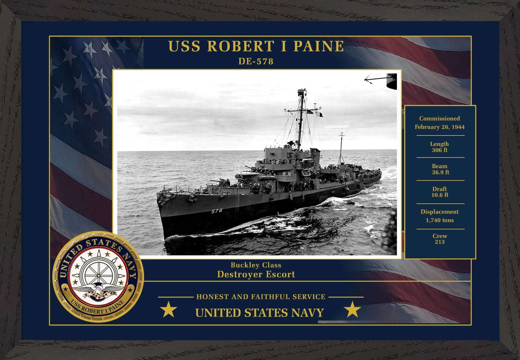 USS Robert I Paine DE-578 Framed Patriotic Photo