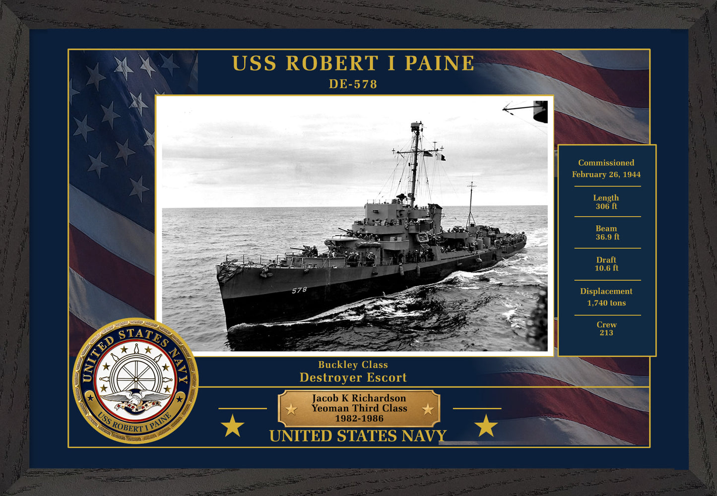 USS Robert I Paine DE-578 Framed Patriotic Photo