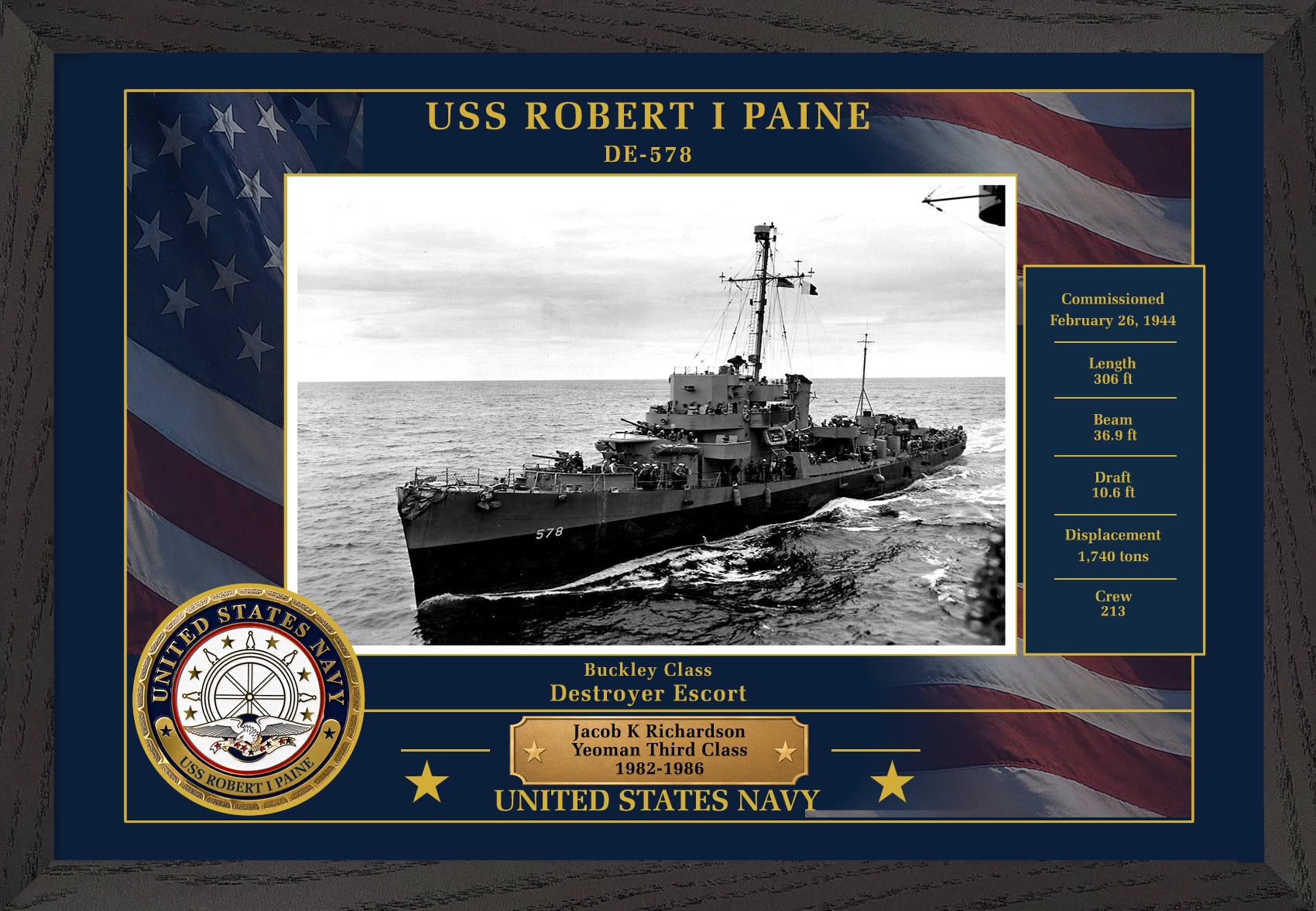 USS Robert I Paine DE-578 Framed Patriotic Photo