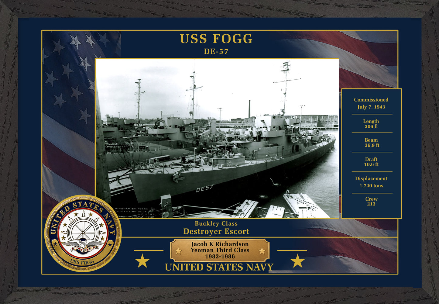 USS Fogg DE-57 Framed Patriotic Photo