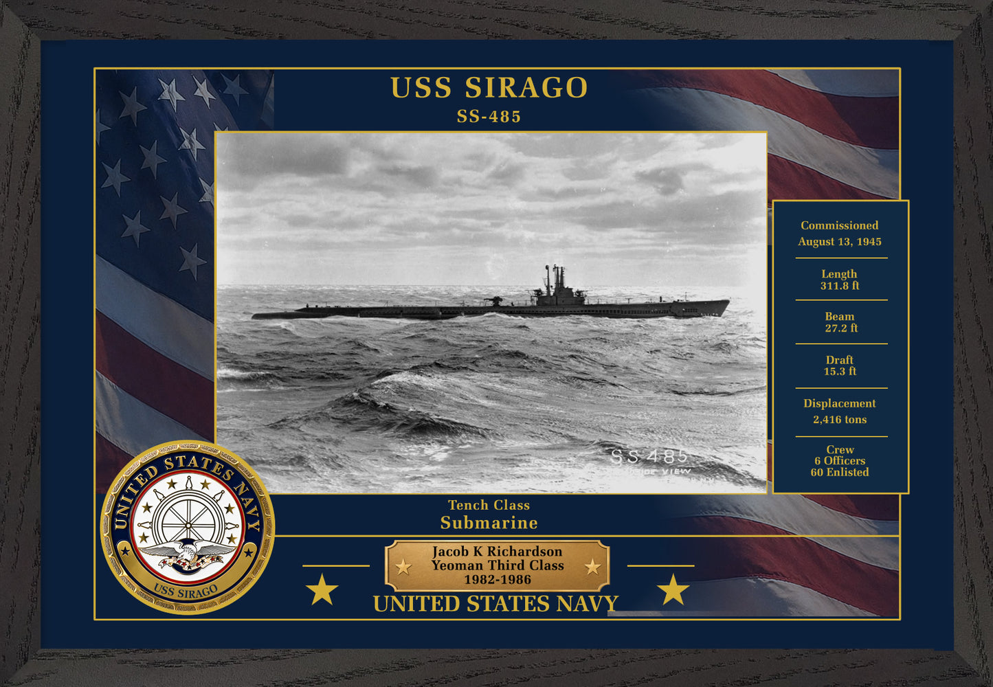 USS Sirago SS-485 Framed Patriotic Photo