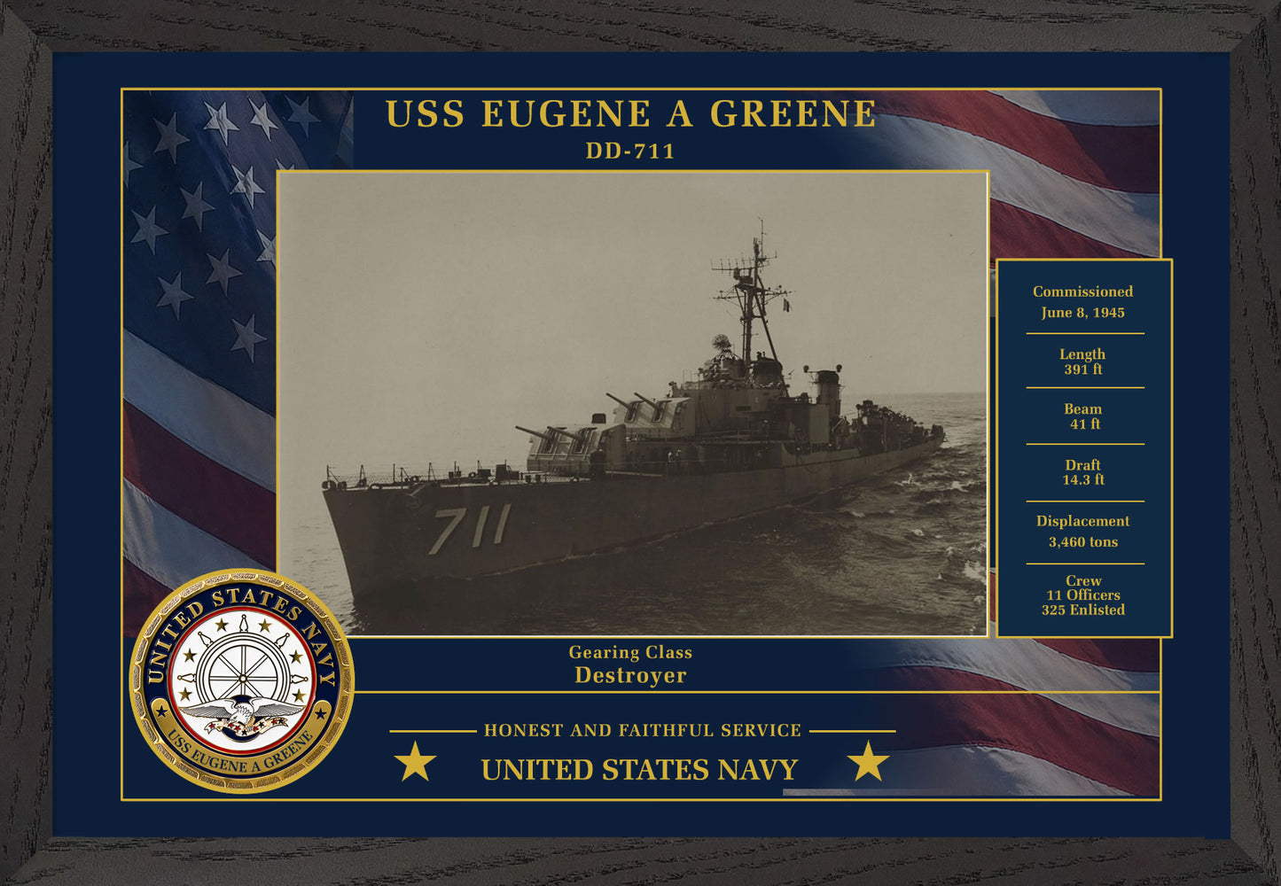 USS Eugene A Greene DD-711 Framed Patriotic Photo