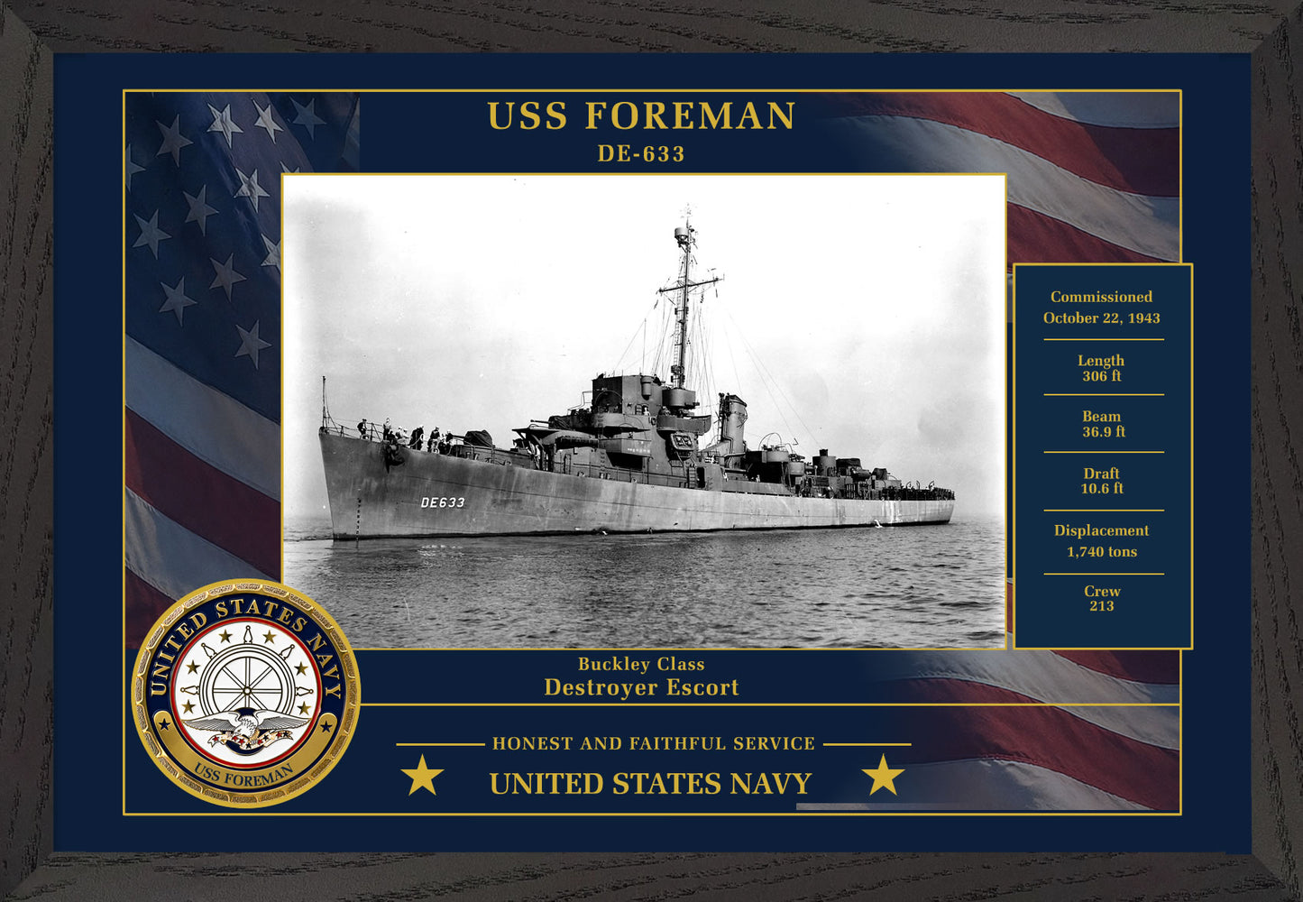 USS Foreman DE-633 Framed Patriotic Photo