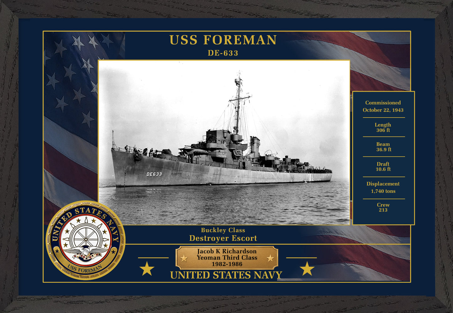USS Foreman DE-633 Framed Patriotic Photo