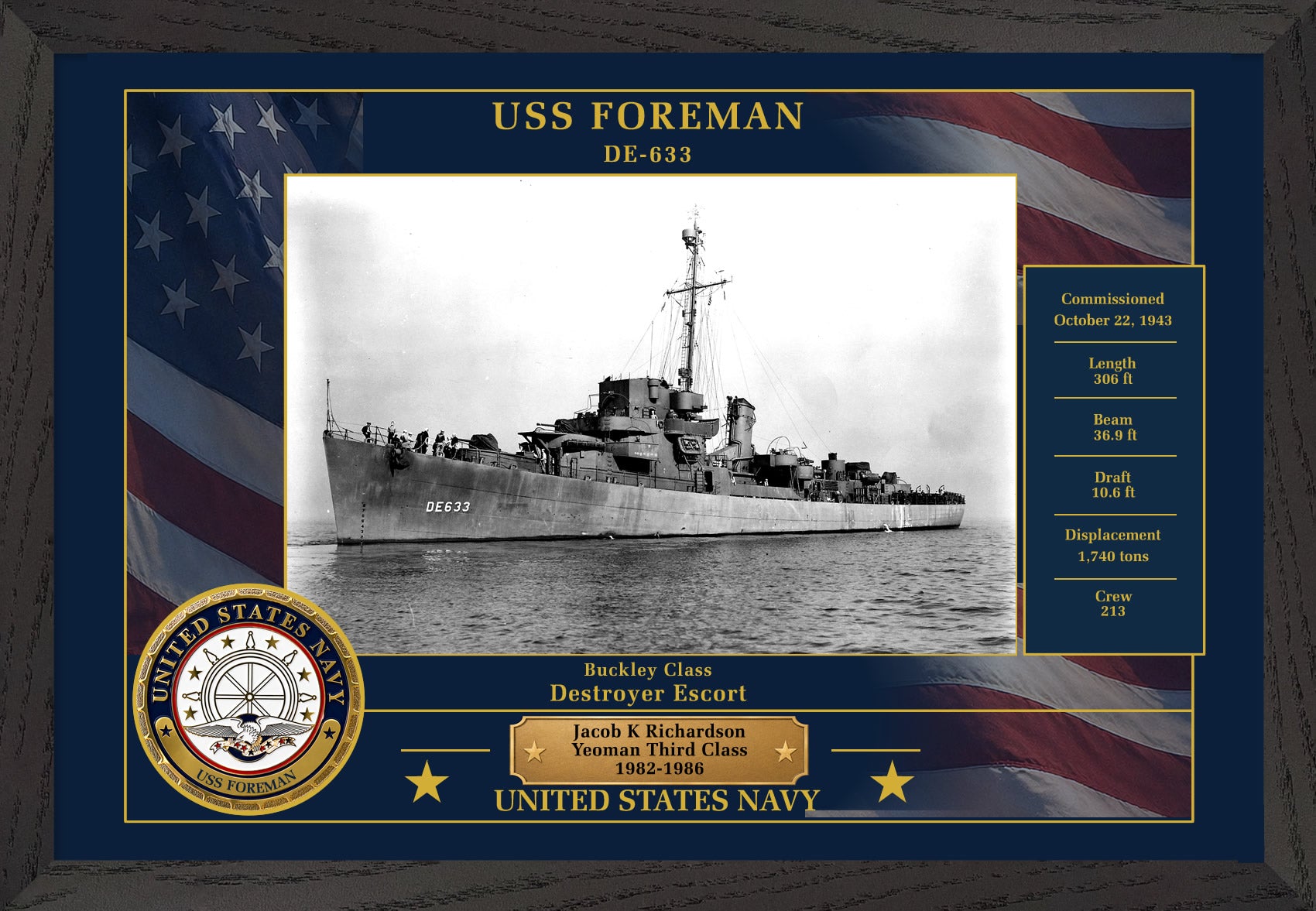 USS Foreman DE-633 Framed Patriotic Photo