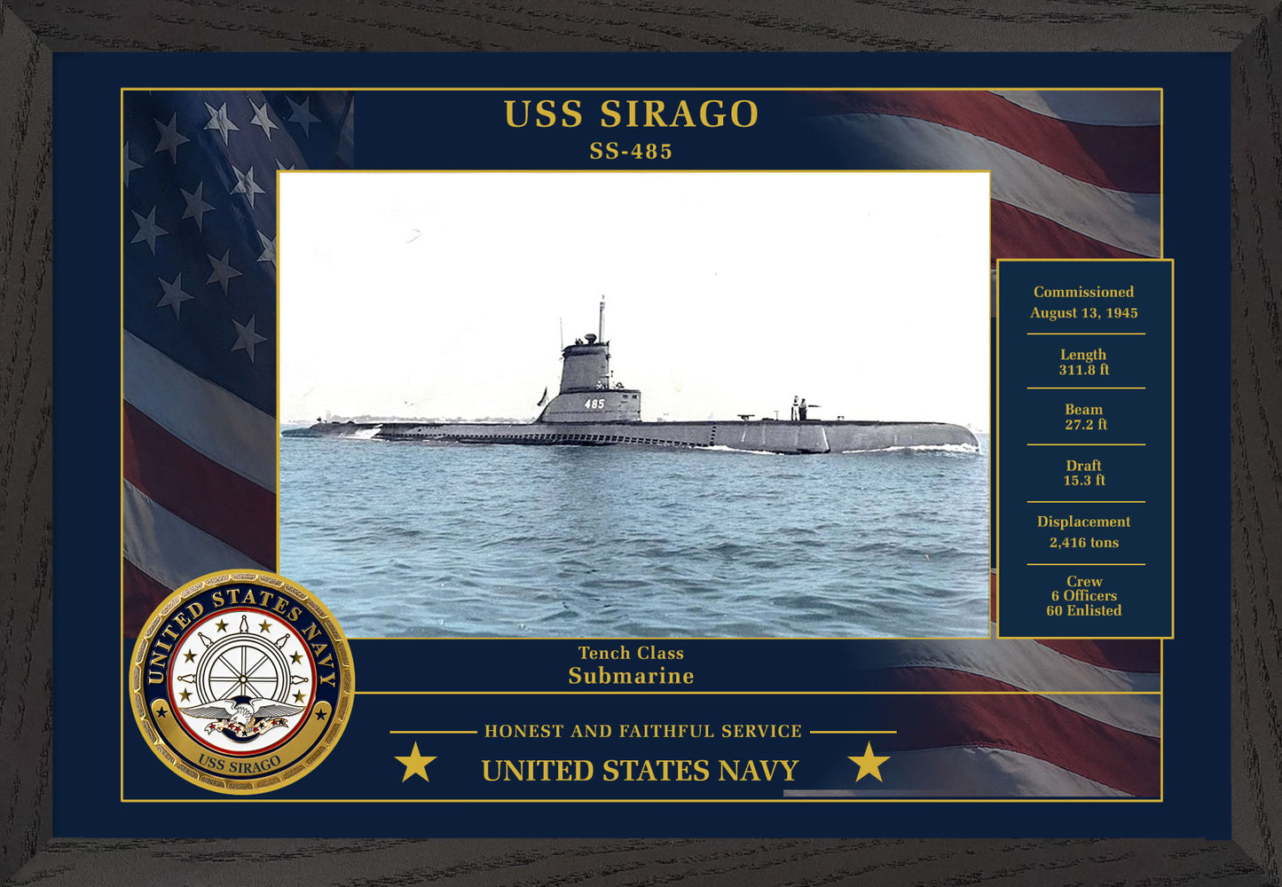 USS Sirago SS-485 Framed Patriotic Photo