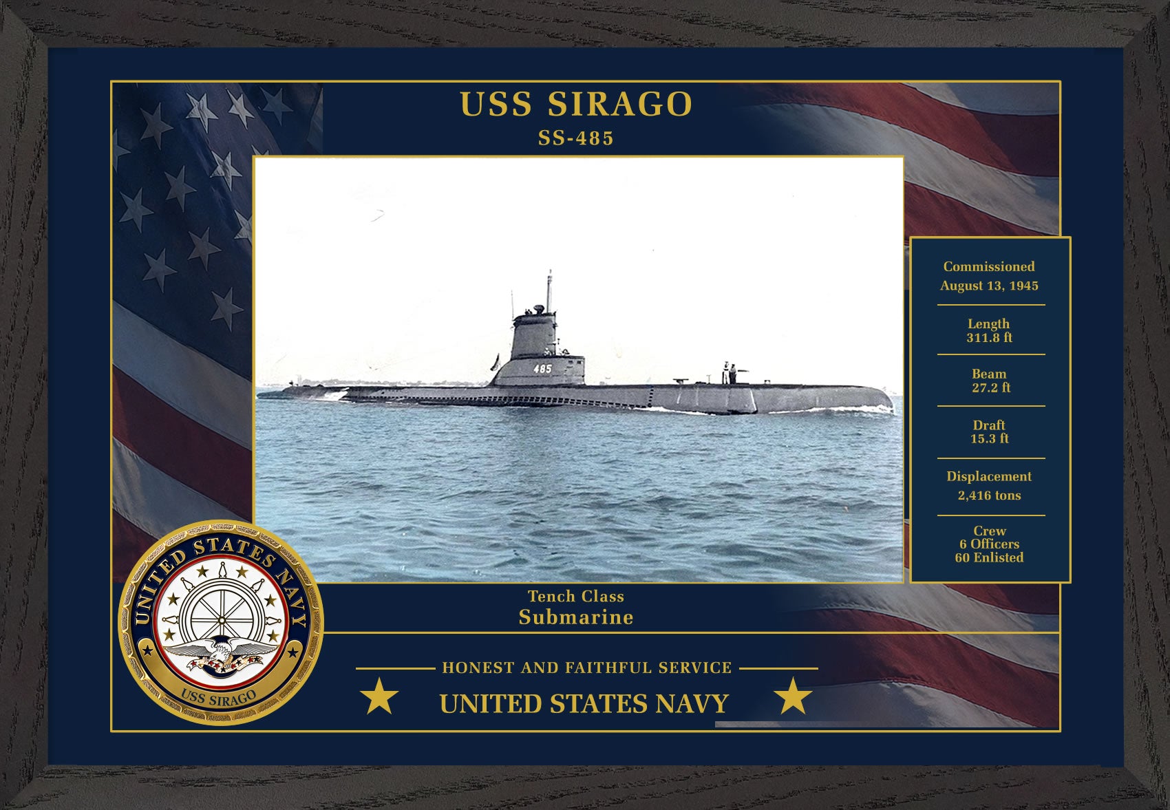 USS Sirago SS-485 Framed Patriotic Photo