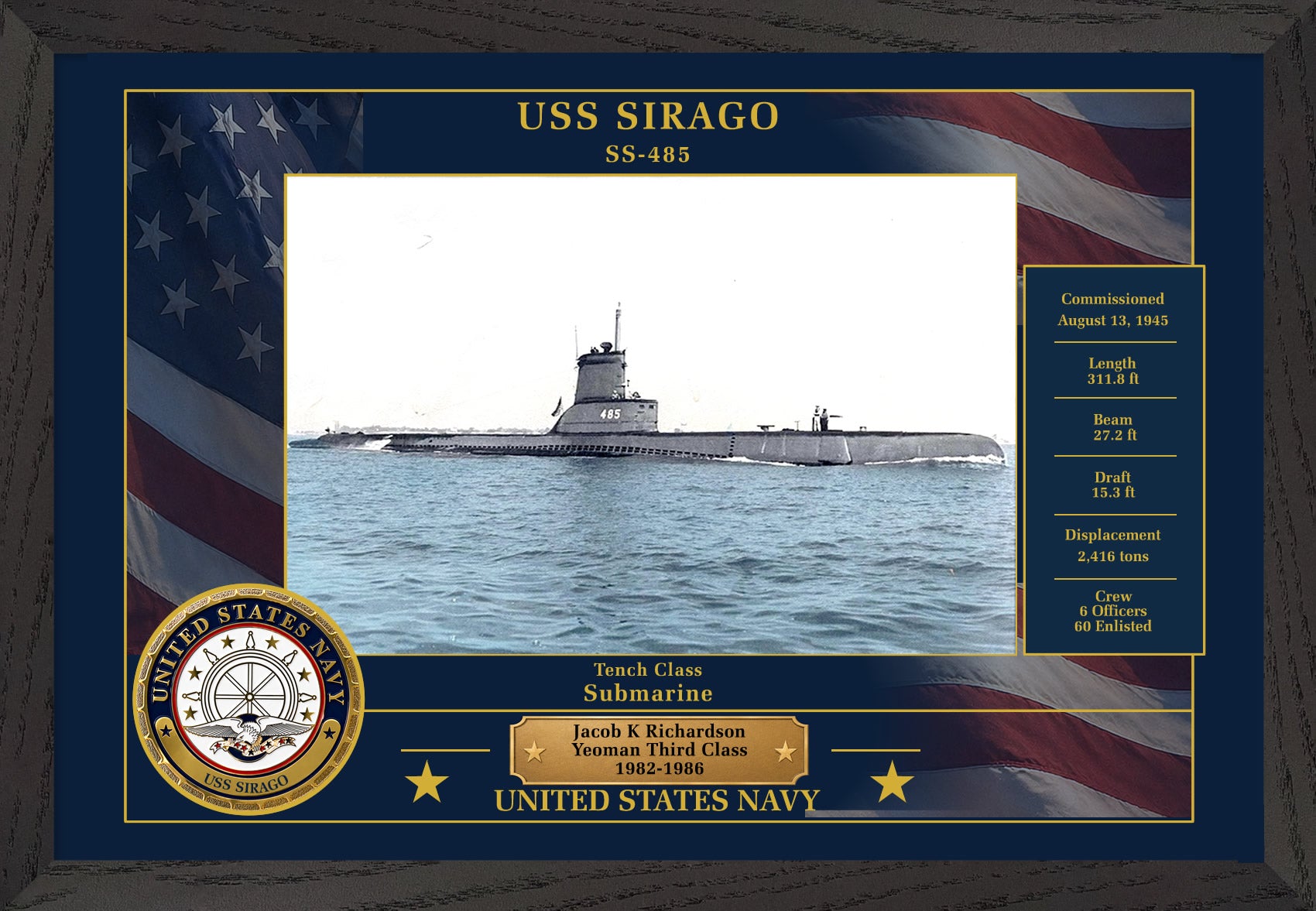 USS Sirago SS-485 Framed Patriotic Photo