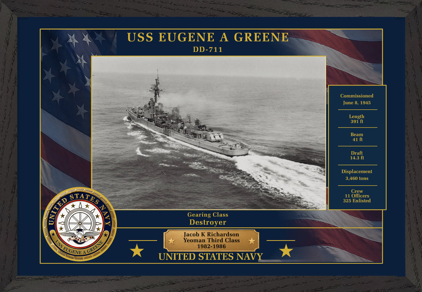 USS Eugene A Greene DD-711 Framed Patriotic Photo