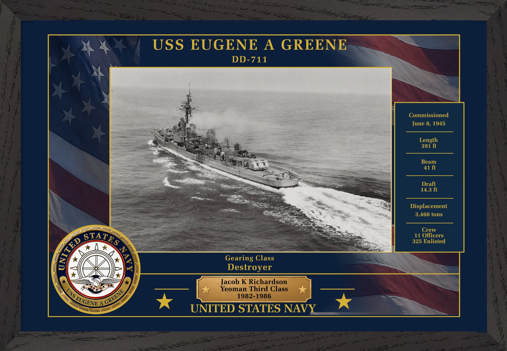 USS Eugene A Greene DD-711 Framed Patriotic Photo