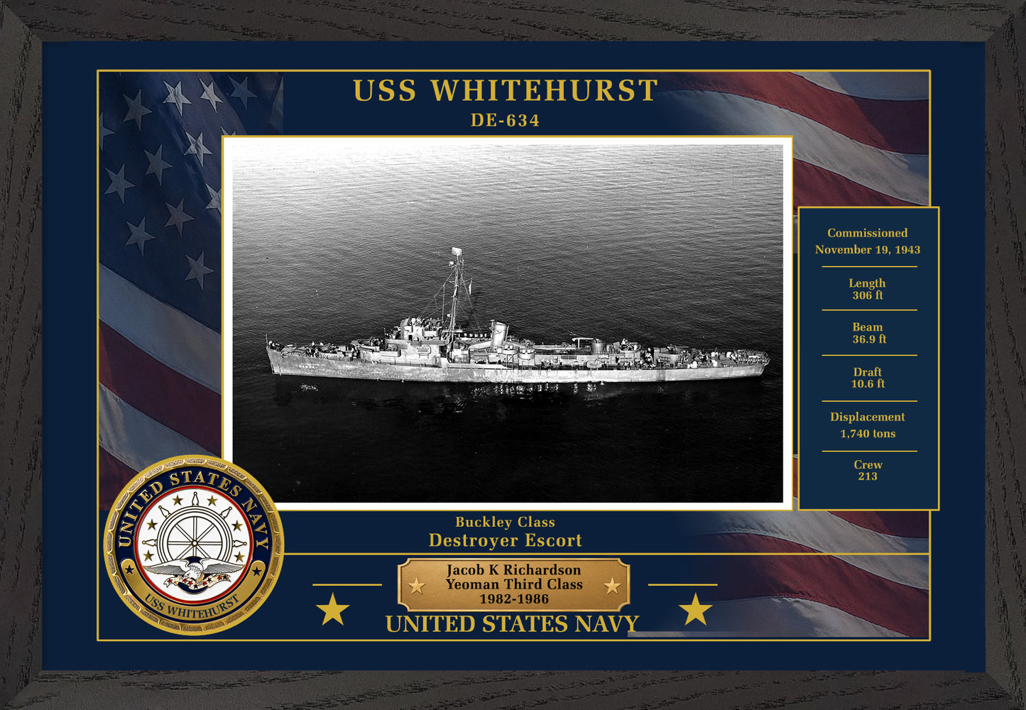 USS Whitehurst DE-634 Framed Patriotic Photo