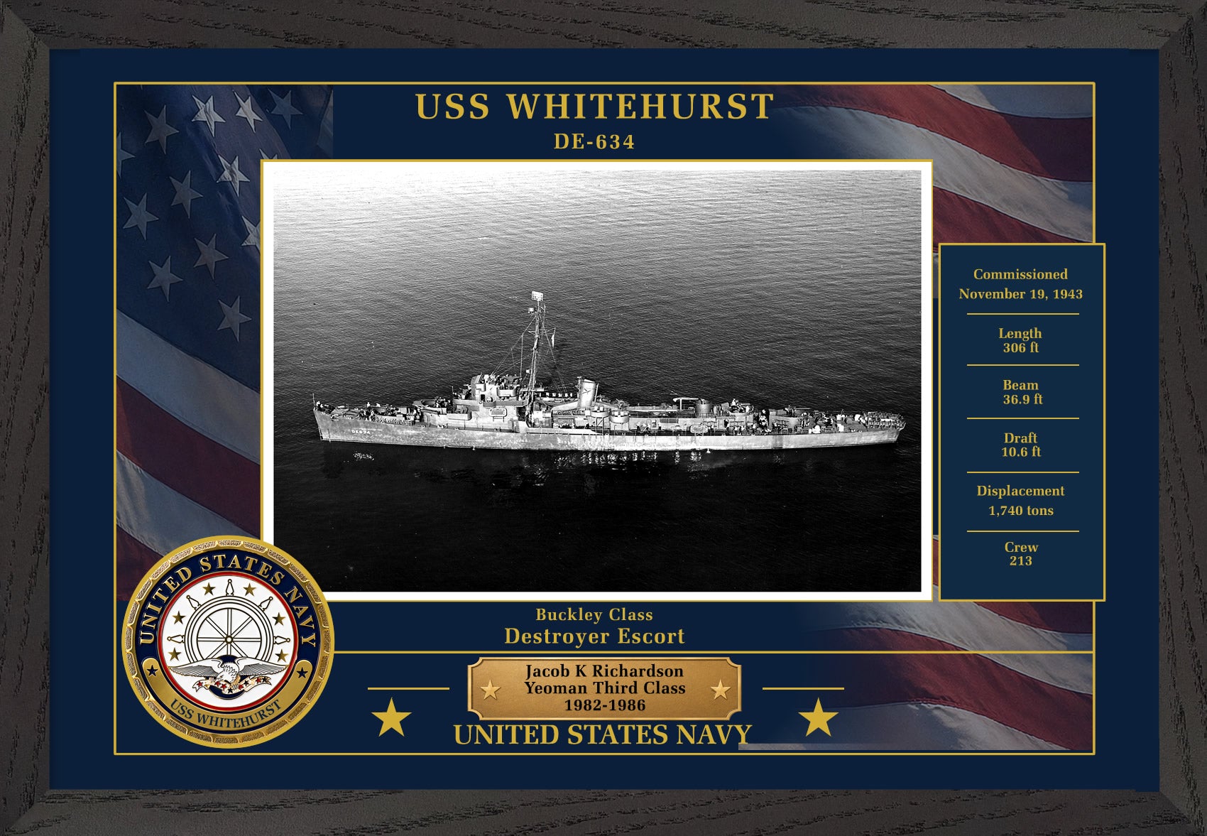 USS Whitehurst DE-634 Framed Patriotic Photo