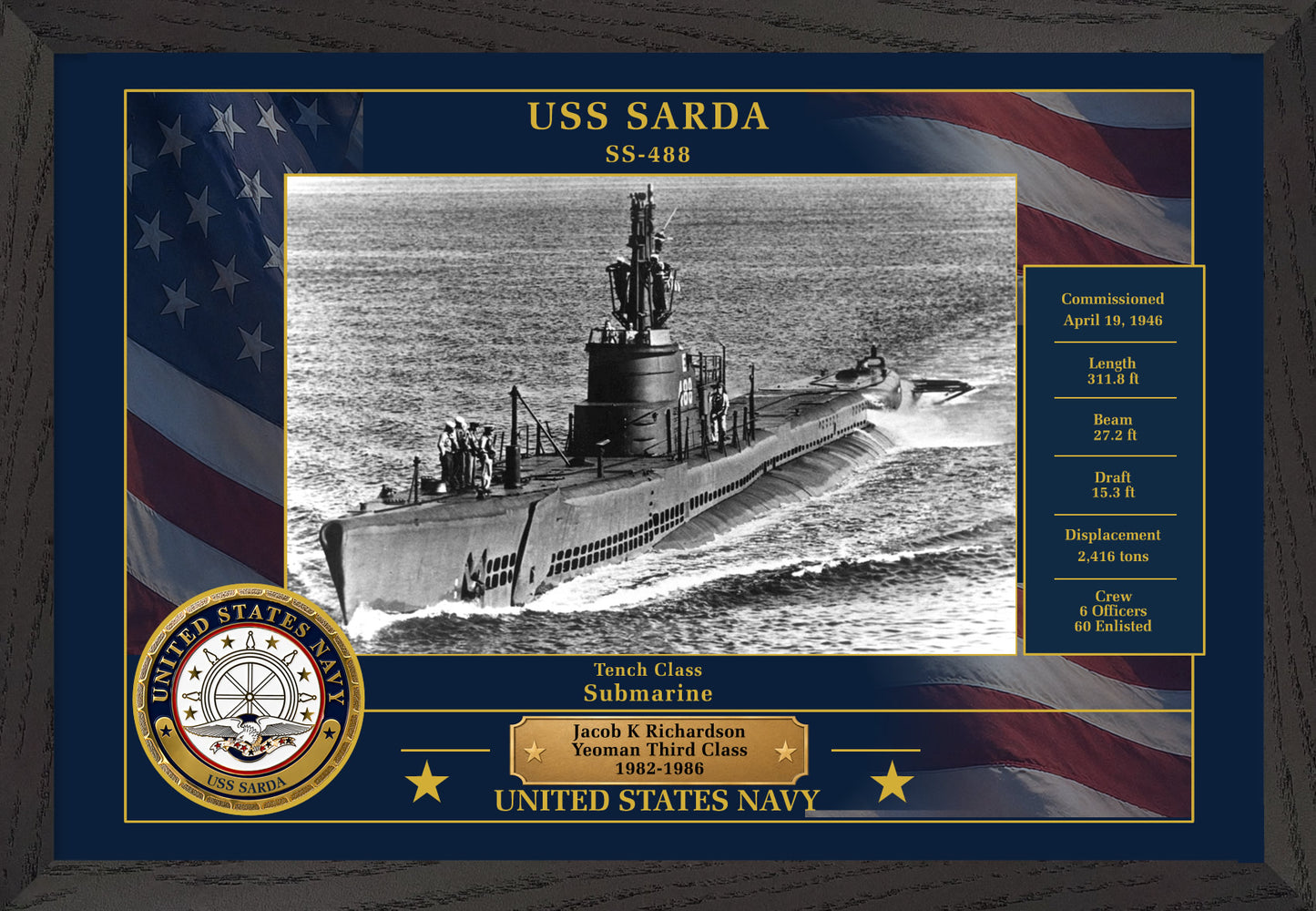 USS Sarda SS-488 Framed Patriotic Photo