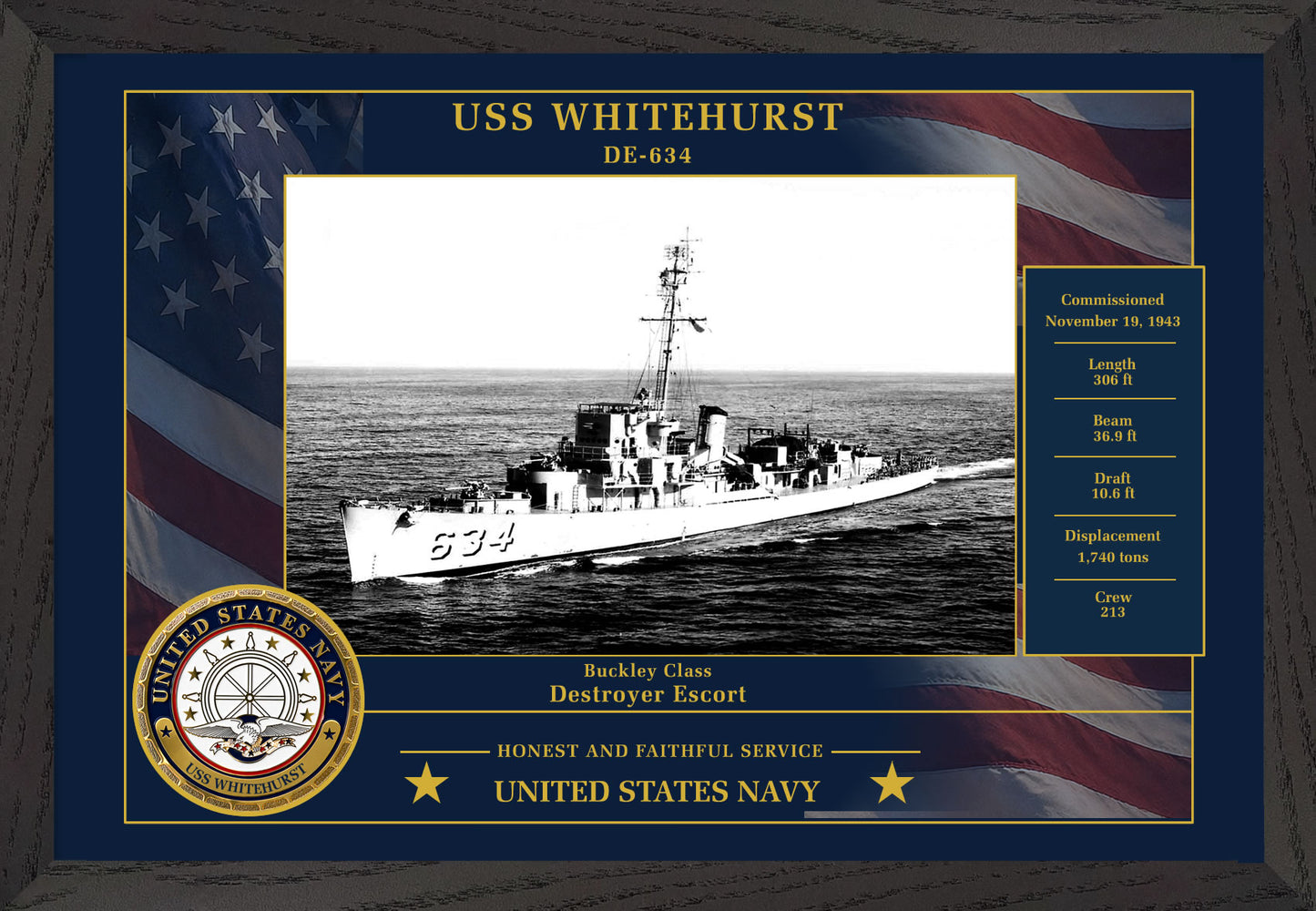 USS Whitehurst DE-634 Framed Patriotic Photo
