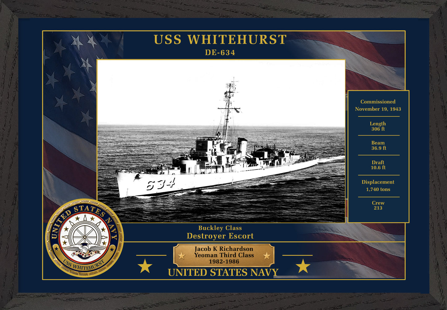 USS Whitehurst DE-634 Framed Patriotic Photo