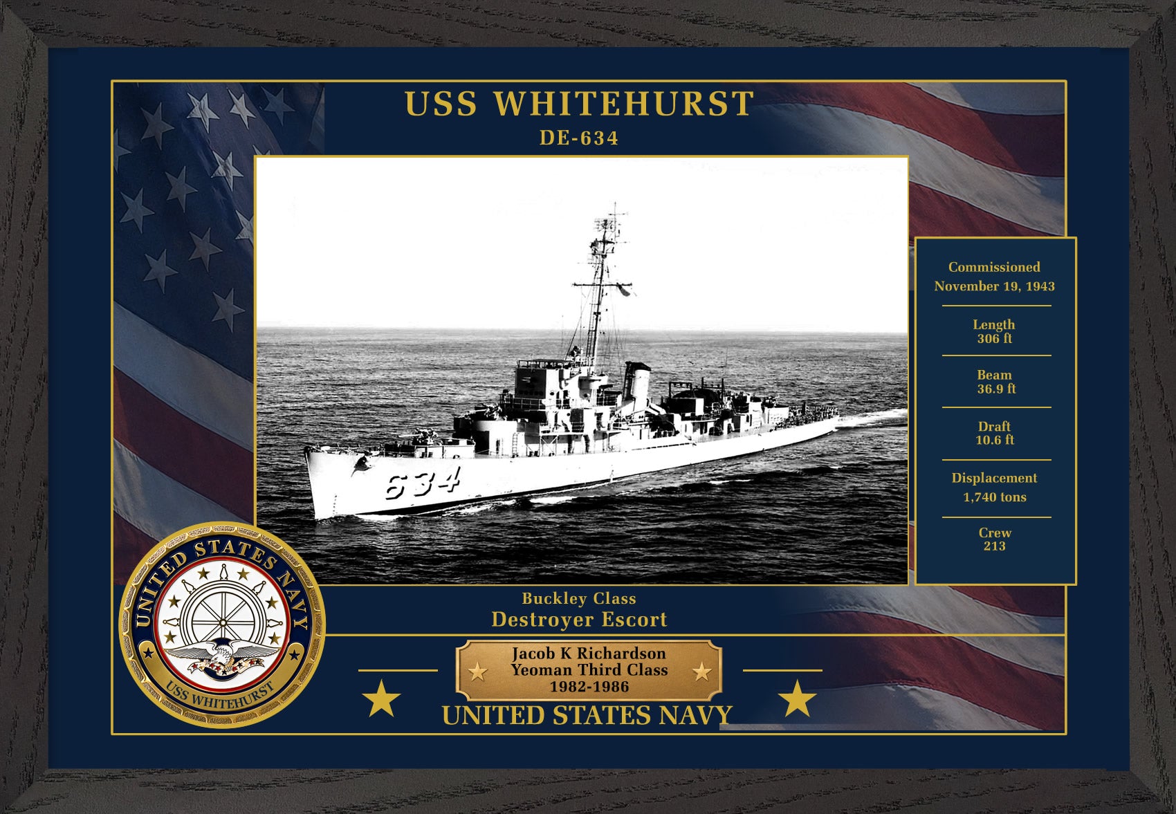 USS Whitehurst DE-634 Framed Patriotic Photo
