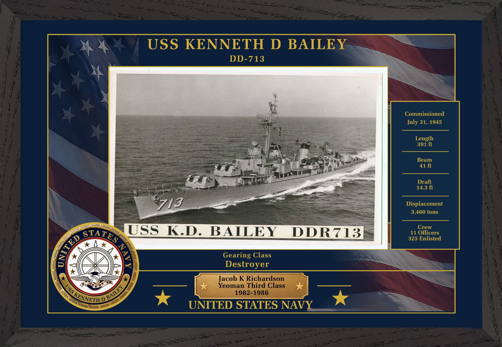 USS Kenneth D Bailey DD-713 Framed Patriotic Photo