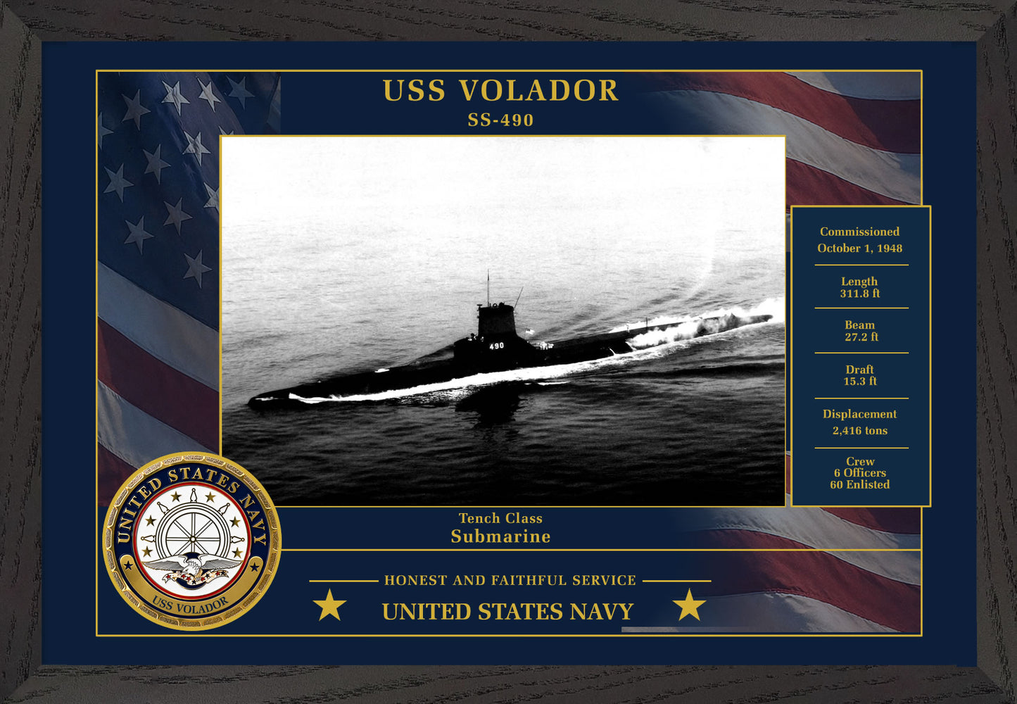 USS Volador SS-490 Framed Patriotic Photo