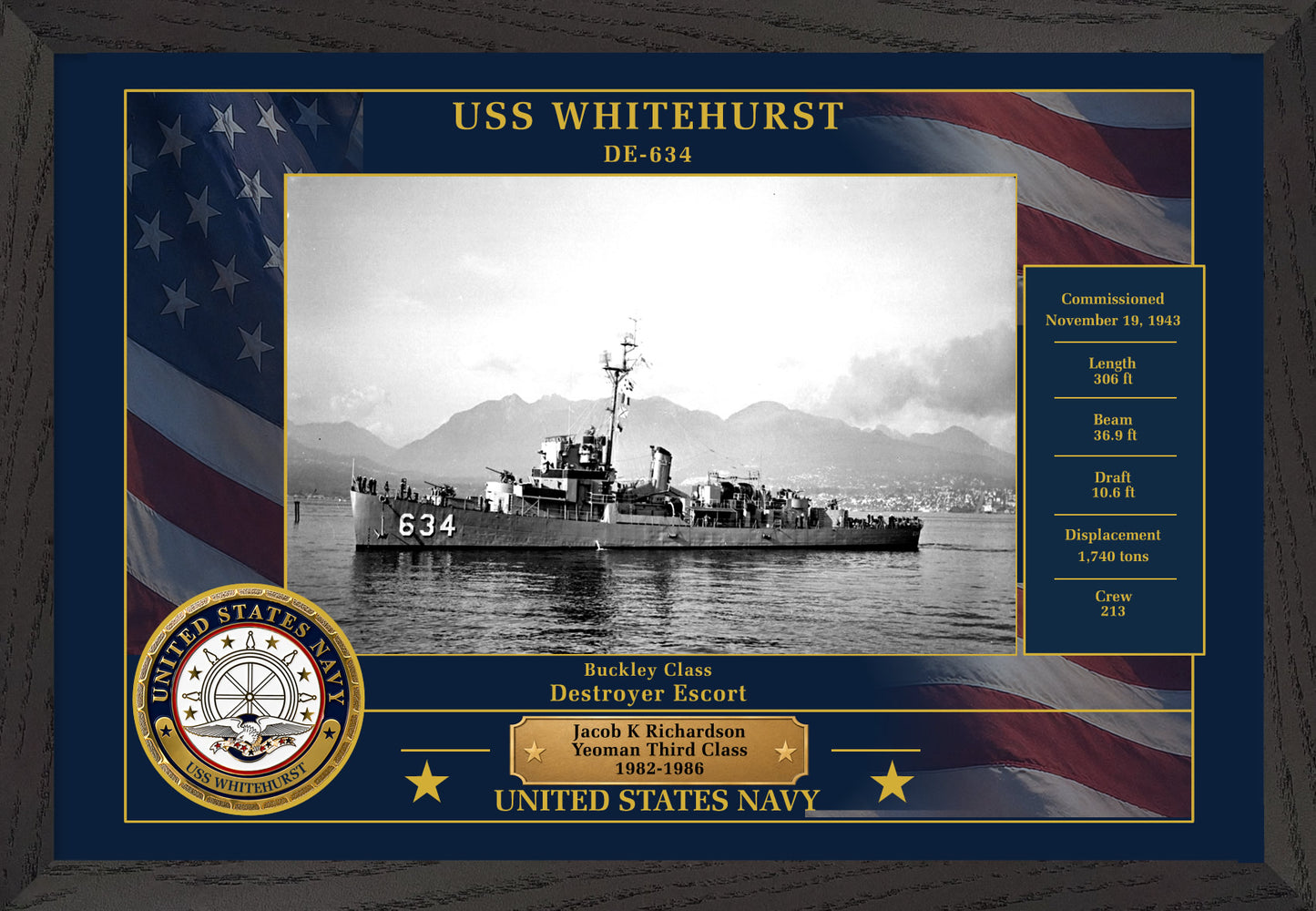 USS Whitehurst DE-634 Framed Patriotic Photo