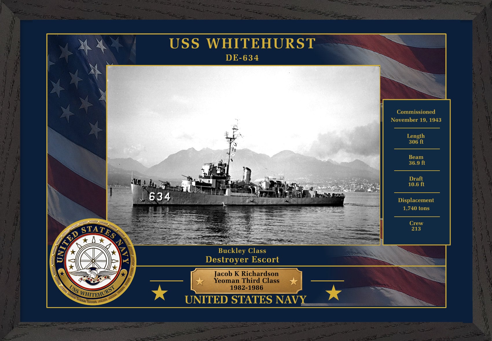 USS Whitehurst DE-634 Framed Patriotic Photo