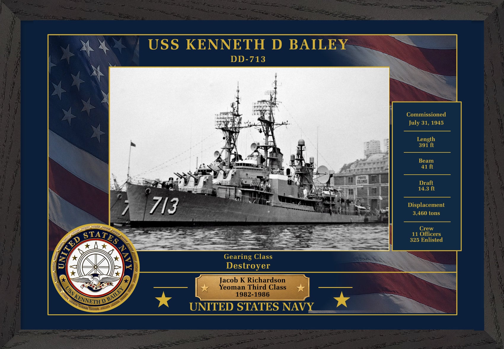 USS Kenneth D Bailey DD-713 Framed Patriotic Photo