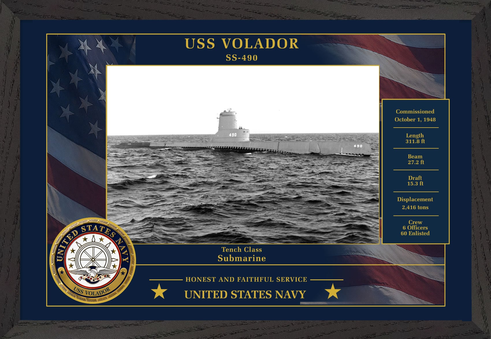 USS Volador SS-490 Framed Patriotic Photo