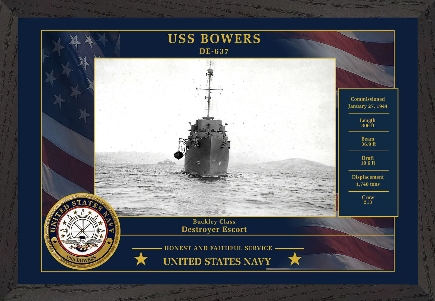USS Bowers DE-637 Framed Patriotic Photo