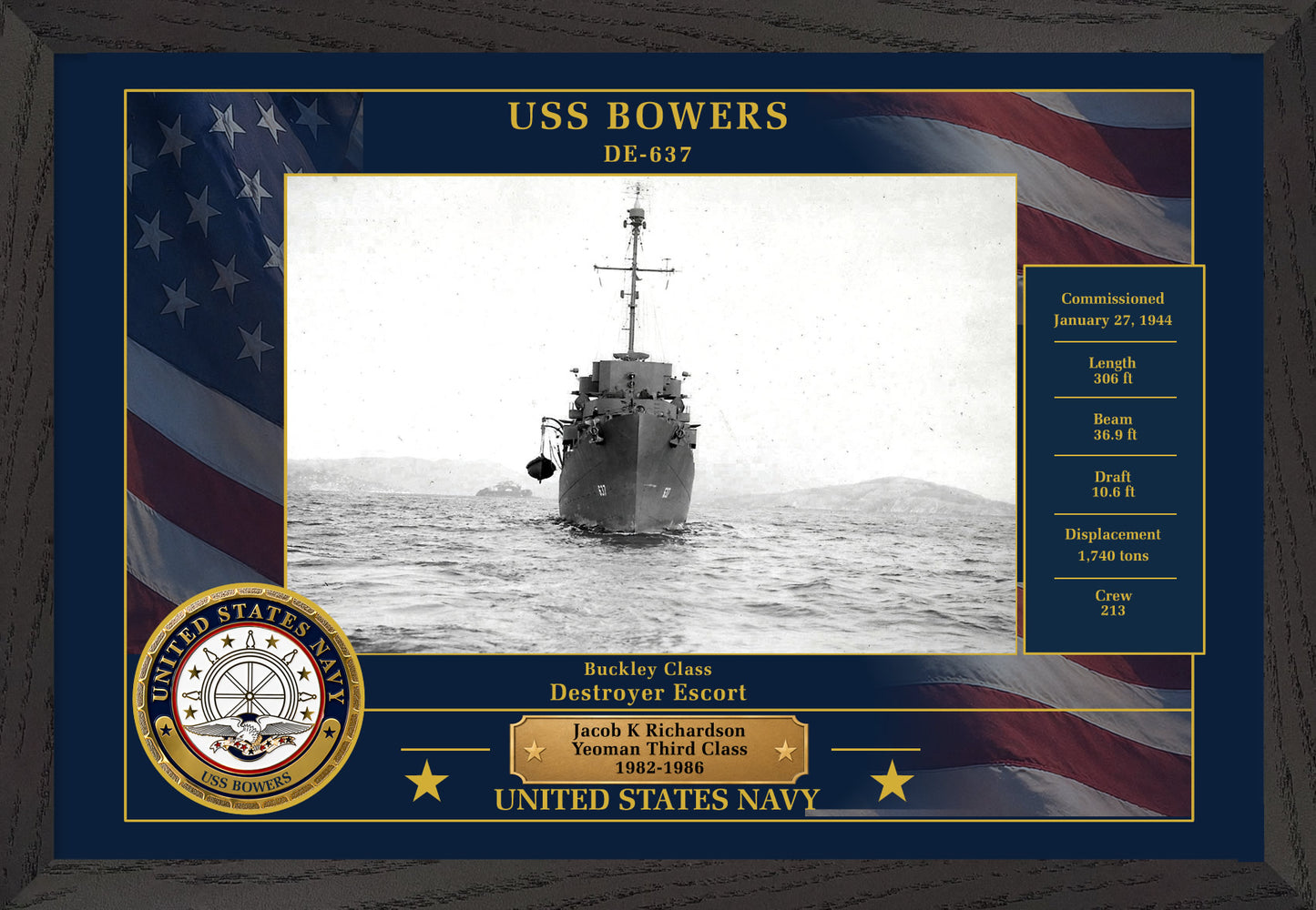 USS Bowers DE-637 Framed Patriotic Photo