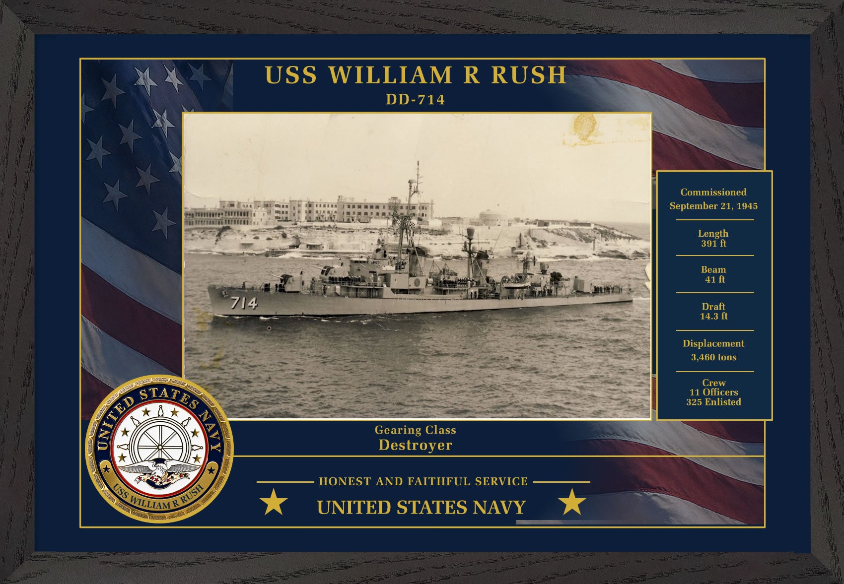 USS William R Rush DD-714 Framed Patriotic Photo