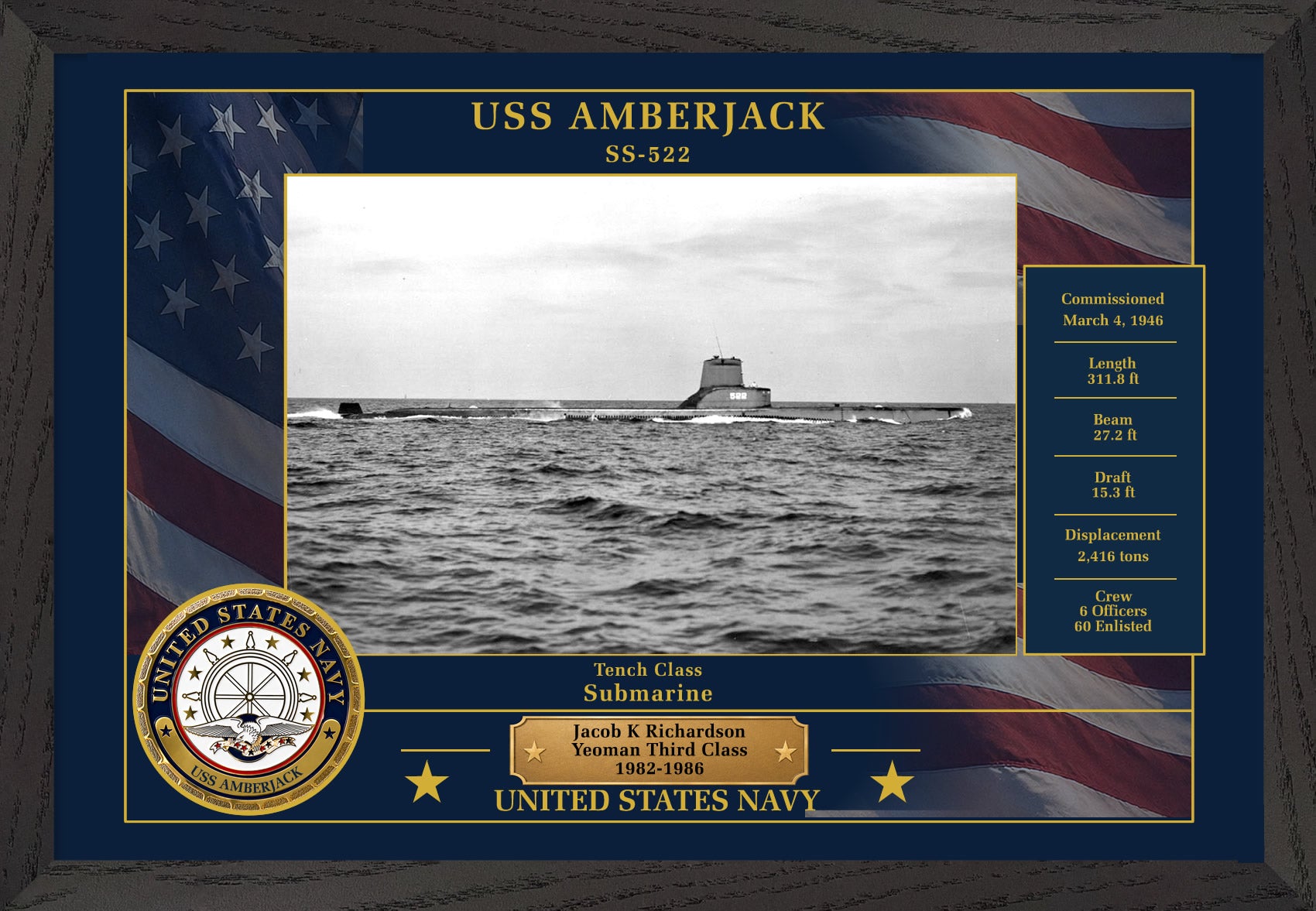 USS Amberjack SS-522 Framed Patriotic Photo