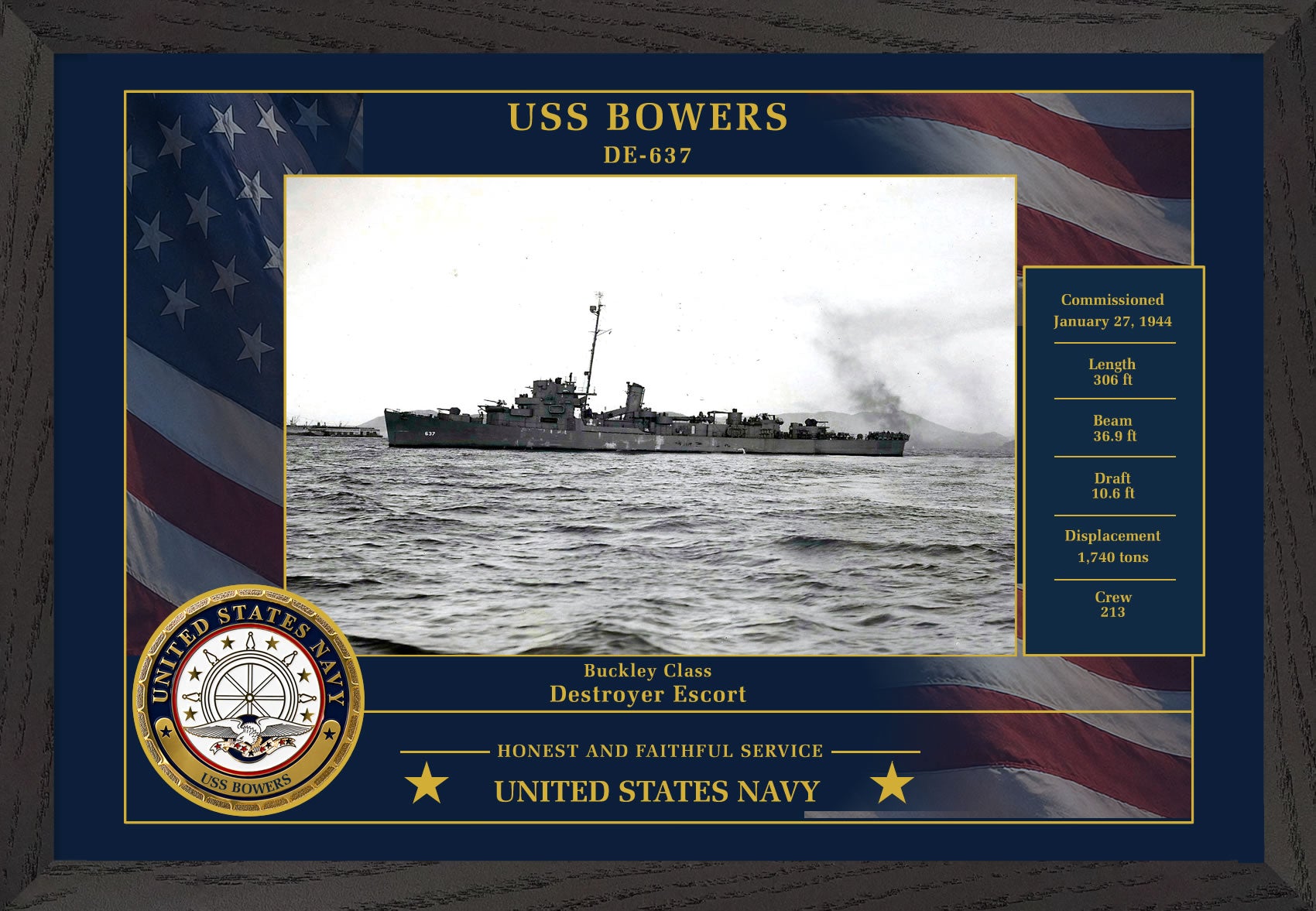 USS Bowers DE-637 Framed Patriotic Photo