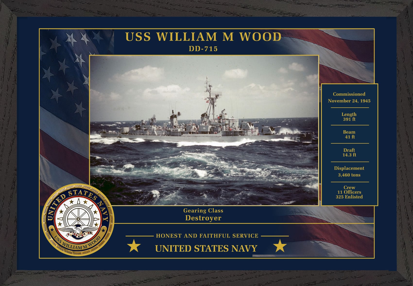 USS William M Wood DD-715 Framed Patriotic Photo