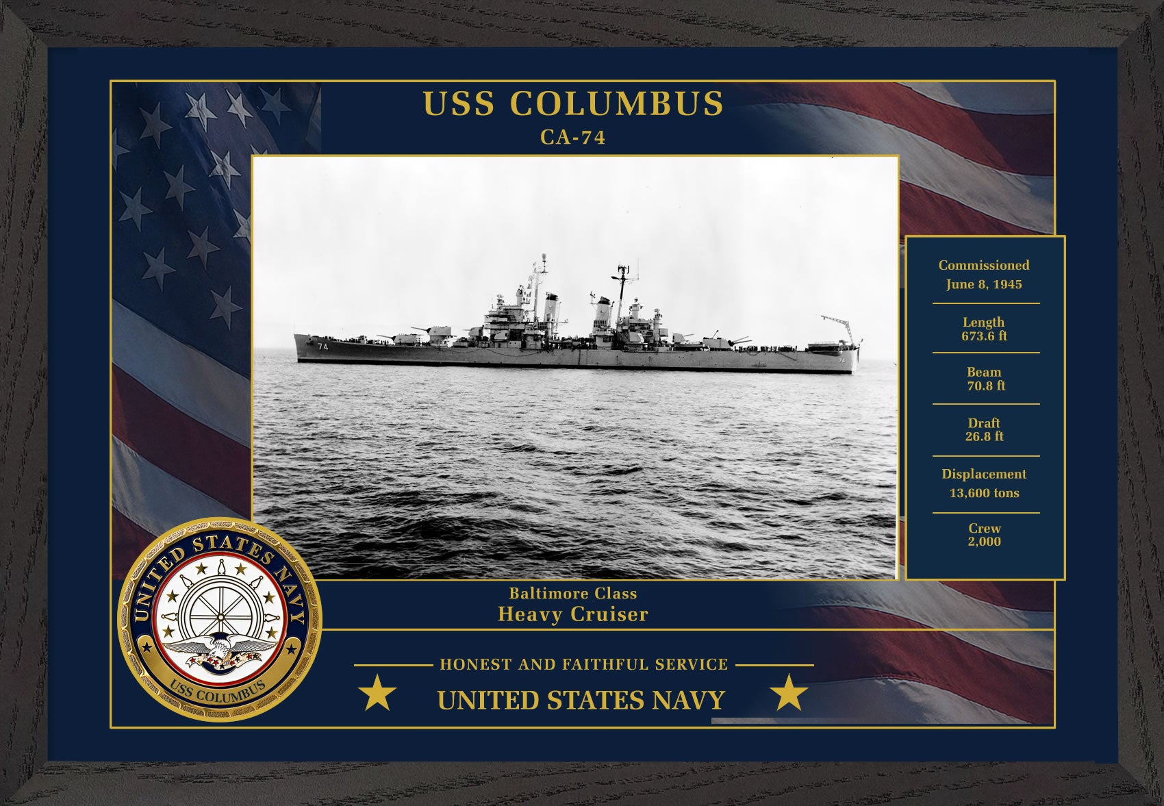 USS Columbus CA-74 Framed Patriotic Photo