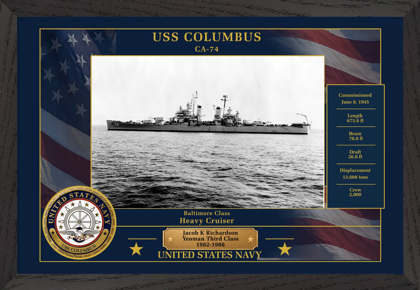 USS Columbus CA-74 Framed Patriotic Photo