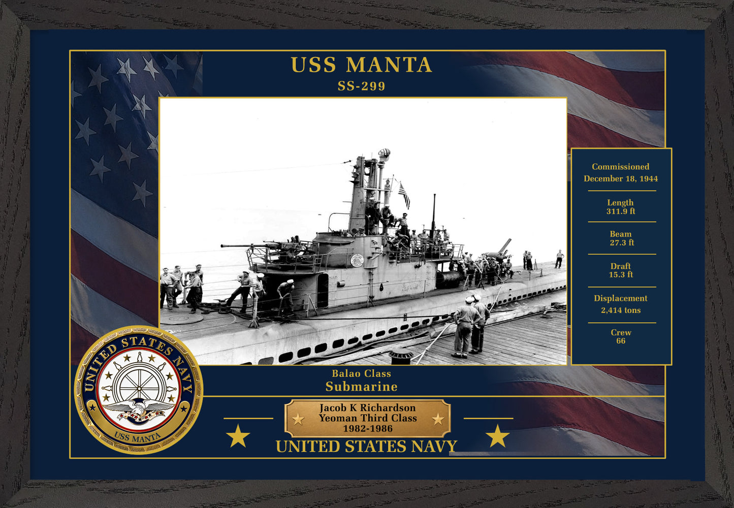 USS Manta SS-299 Framed Patriotic Photo
