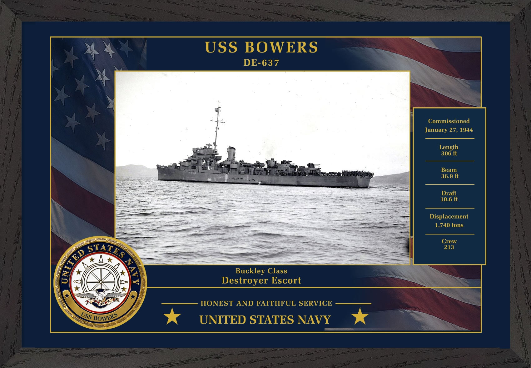 USS Bowers DE-637 Framed Patriotic Photo