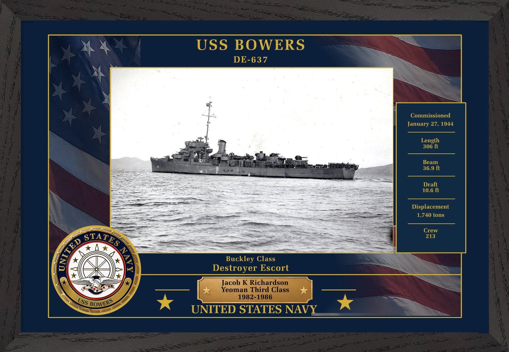 USS Bowers DE-637 Framed Patriotic Photo