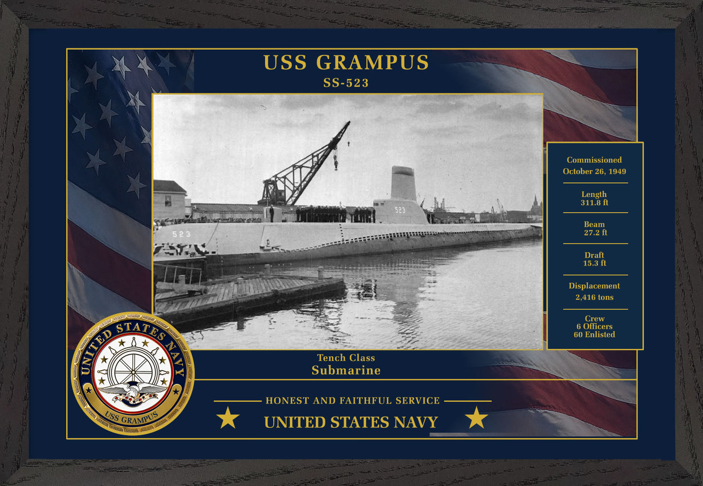USS Grampus SS-523 Framed Patriotic Photo