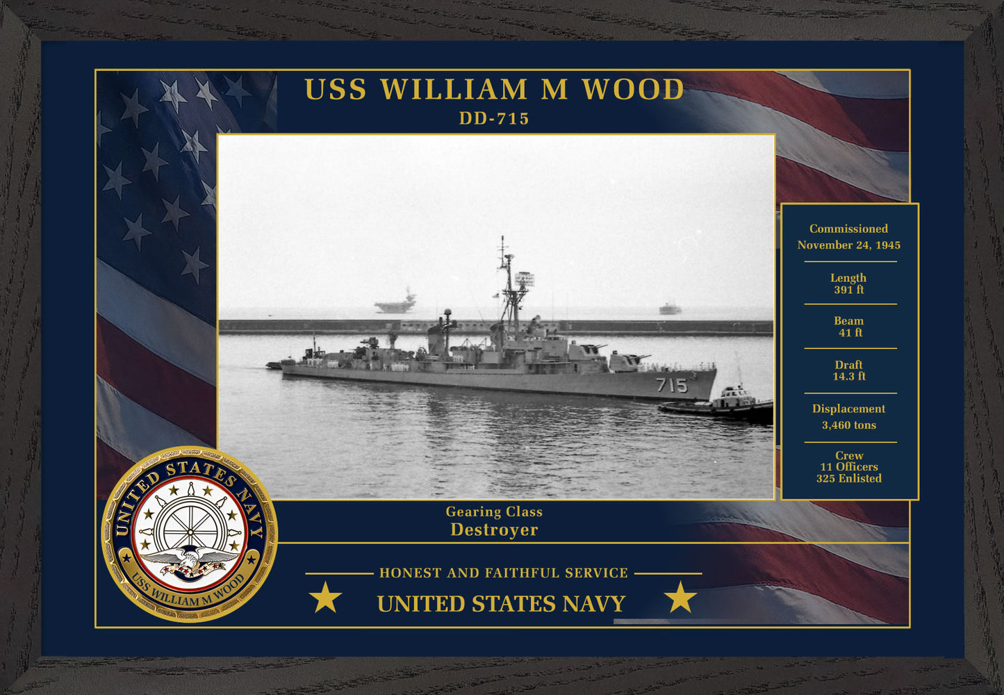 USS William M Wood DD-715 Framed Patriotic Photo