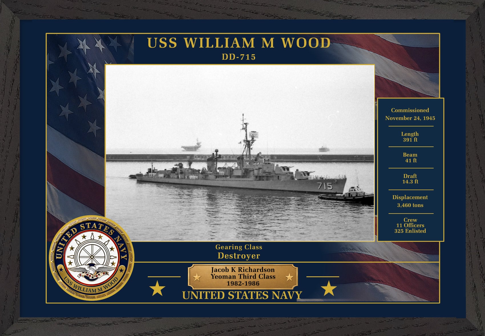 USS William M Wood DD-715 Framed Patriotic Photo