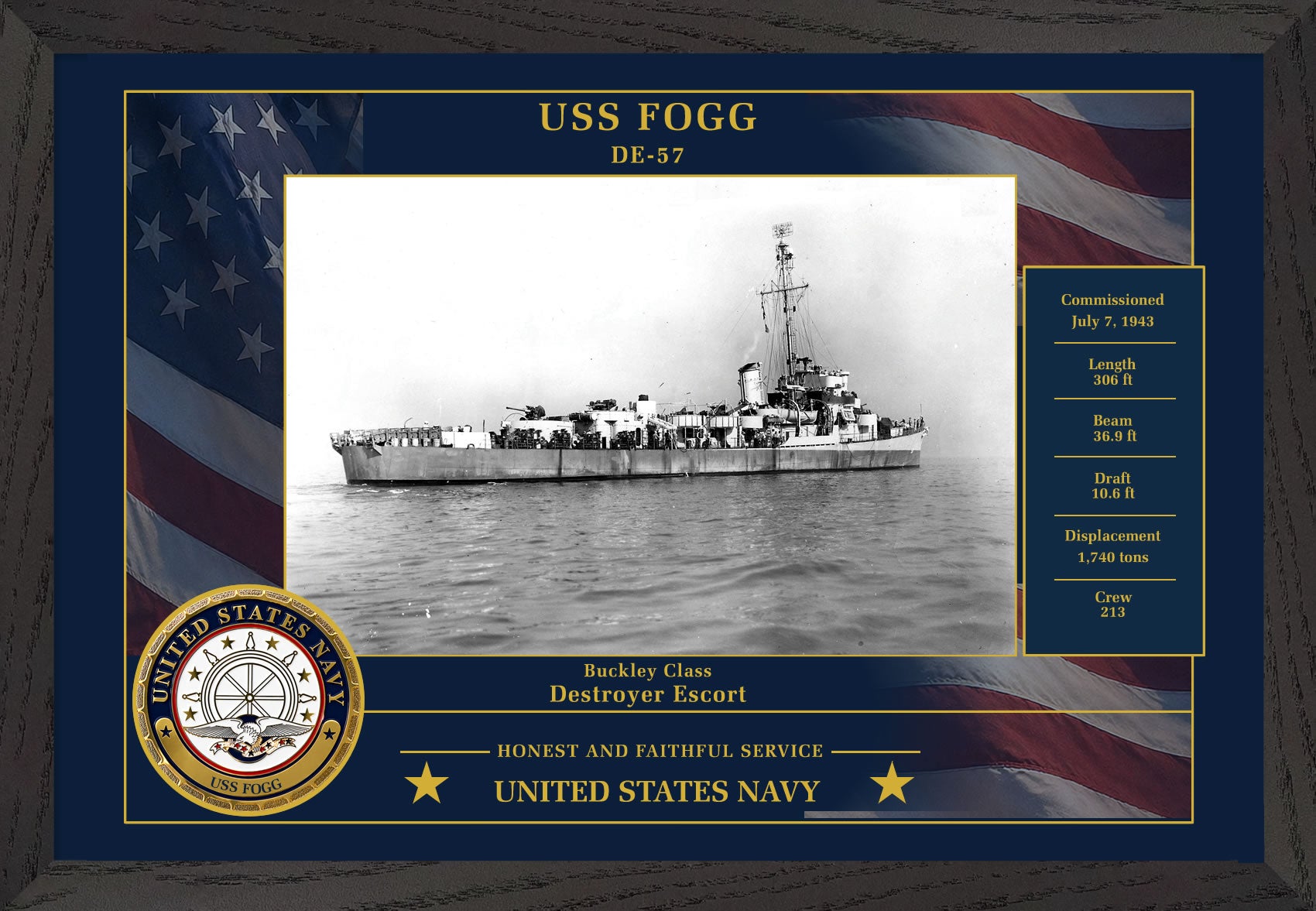 USS Fogg DE-57 Framed Patriotic Photo