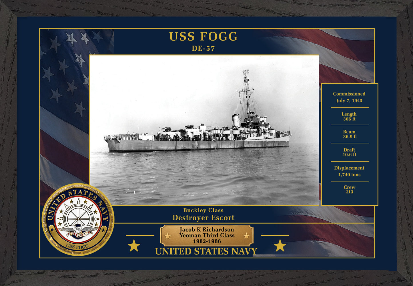 USS Fogg DE-57 Framed Patriotic Photo