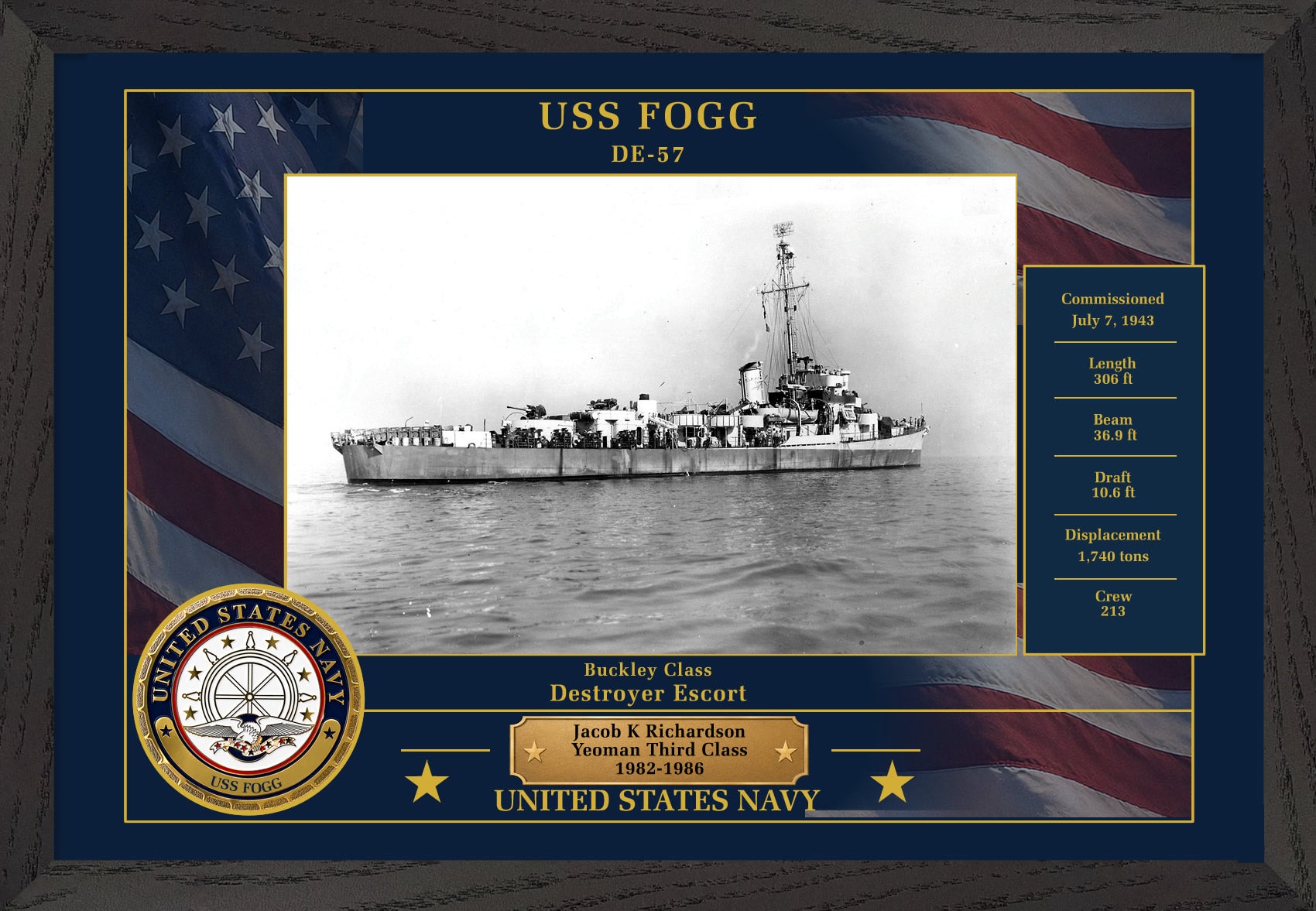 USS Fogg DE-57 Framed Patriotic Photo