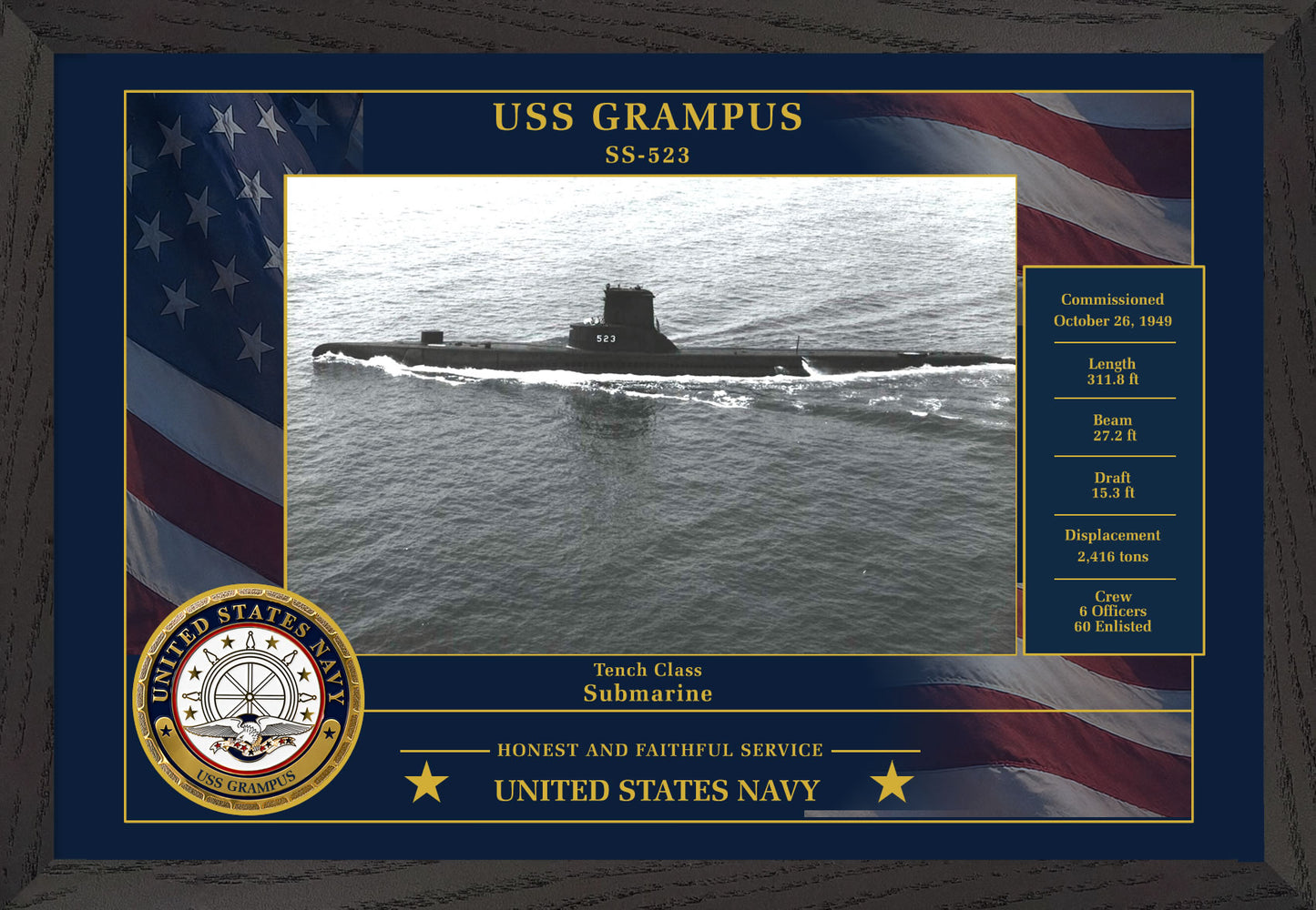 USS Grampus SS-523 Framed Patriotic Photo