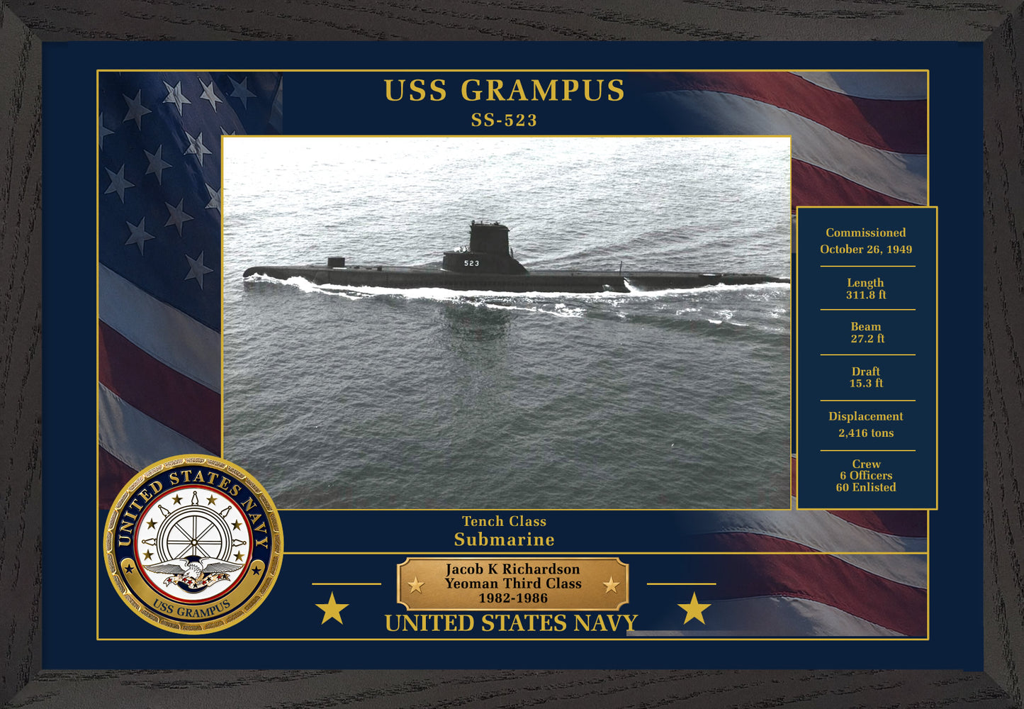 USS Grampus SS-523 Framed Patriotic Photo