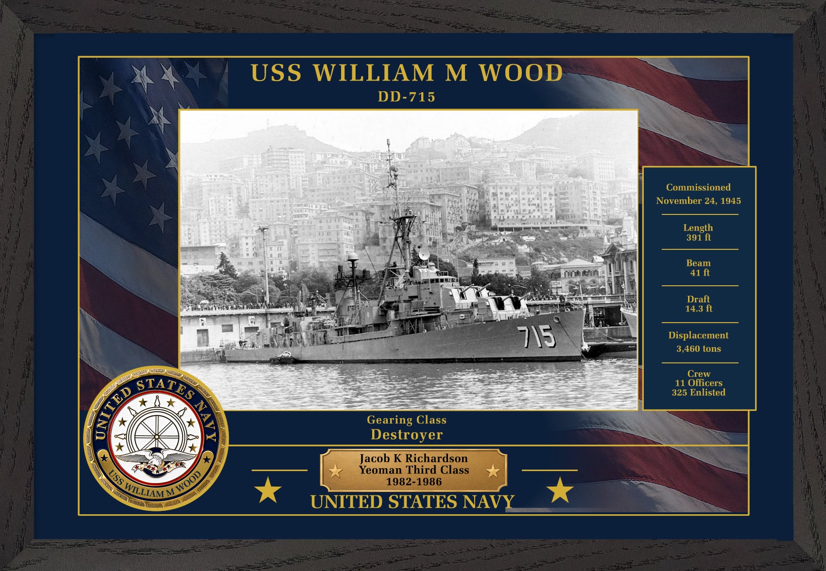 USS William M Wood DD-715 Framed Patriotic Photo